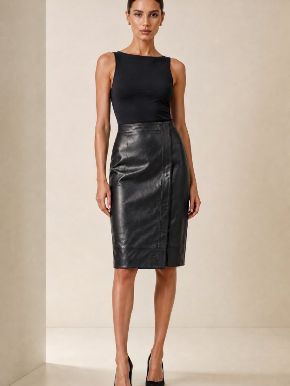 REISS Black Leather Wrap Pencil Skirt – US 6 / UK 10